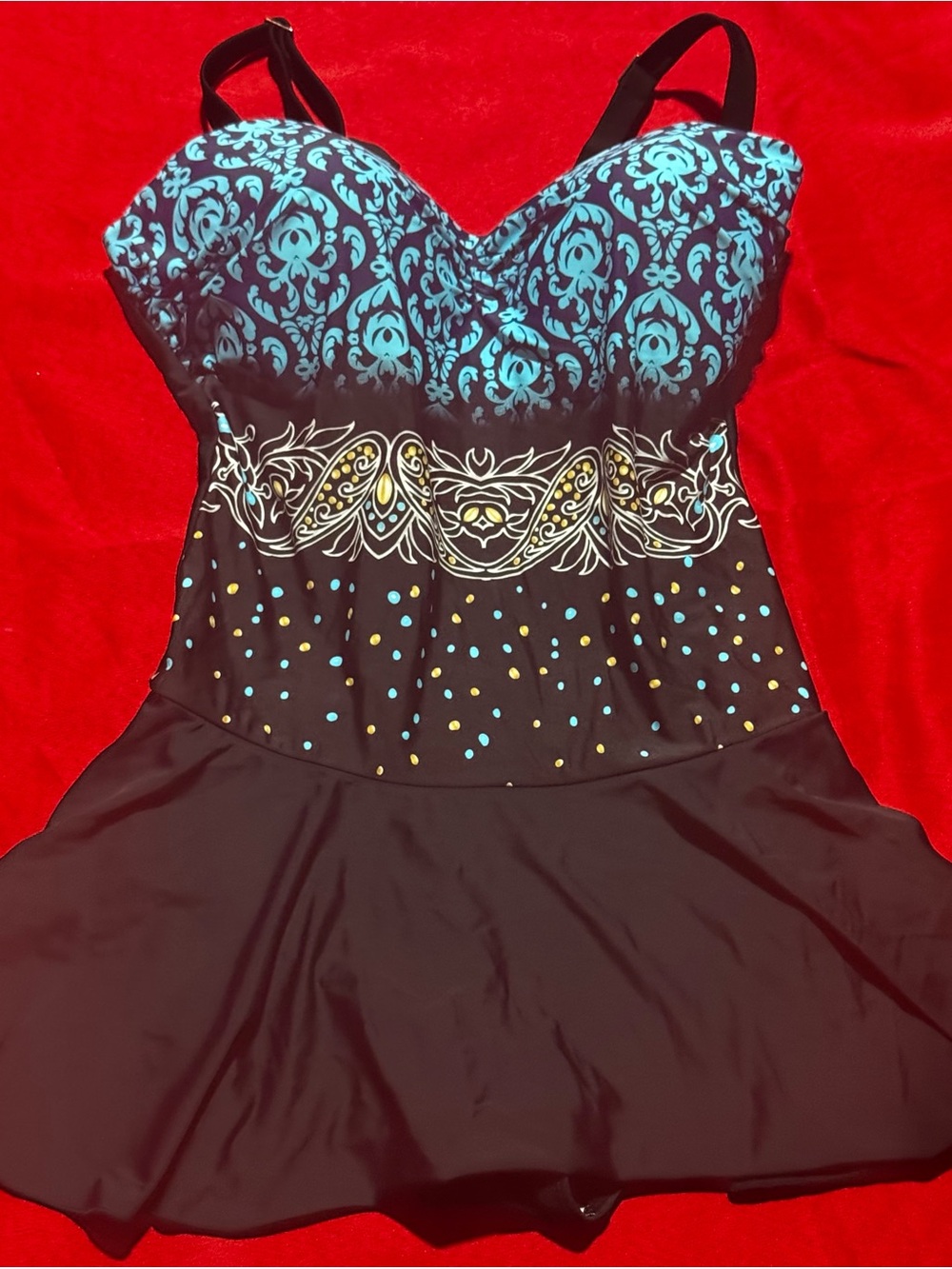 Black and Turquoise Patterned One-Piece Swimdress